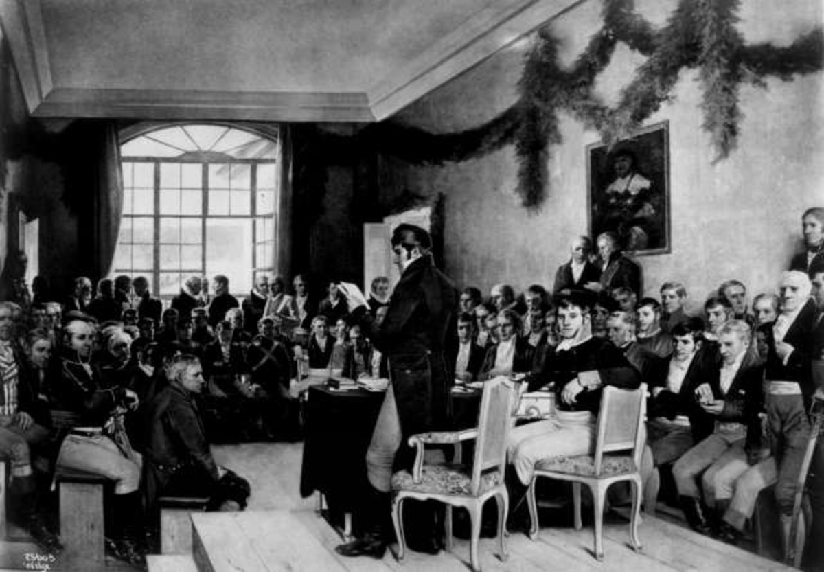 Avfotografert malerie. Riksforsamlingen på Eidsvoll 1814, malt av Oscar