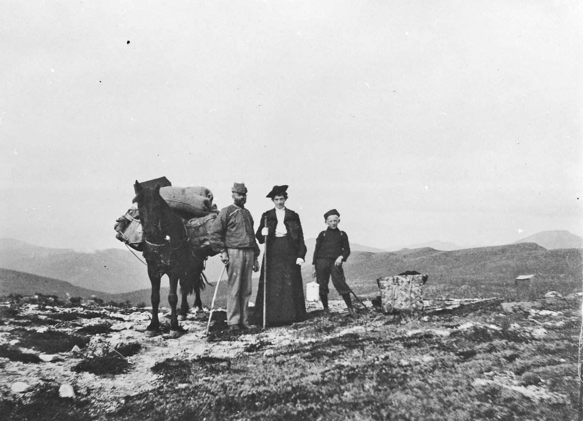 Personer på fjelltur med hest. Ola S. Hårdnes, Inga Andersen og Johan ...